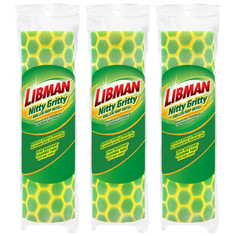 Libman Commercial Libman Nitty Gritty Roller Mop Refills | Scrub Mop | Wet Mop | Mops for Floor Cleaning | Sponge Mop | Self Wringing Wood Floor Mop | | 3 Replacement Mop Heads Included - Image 1